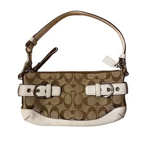 Coach Signature Print White Leather Shoulder Bag Zipper Silver Buckles
